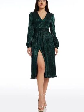 Dress the Population Dark Emerald V-Neck Midi Dress with Front Slit